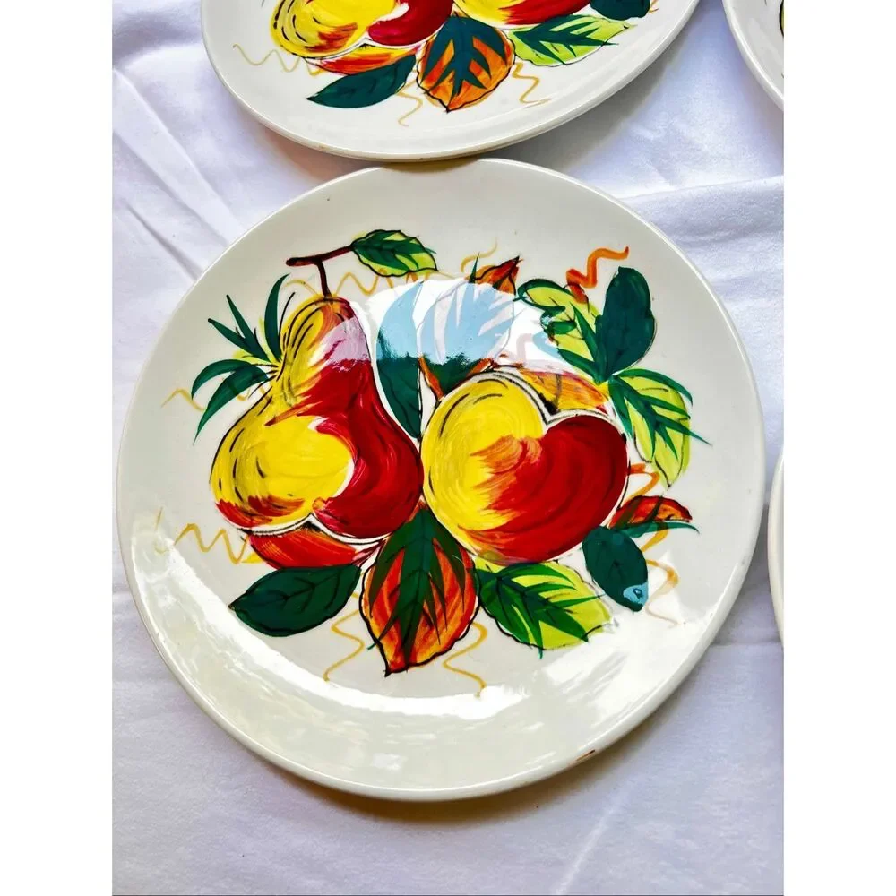 Vintage MCM 1950’s Hand Painted Ceramic Salad/Dessert Plates Set of 6 Fruit Pear
